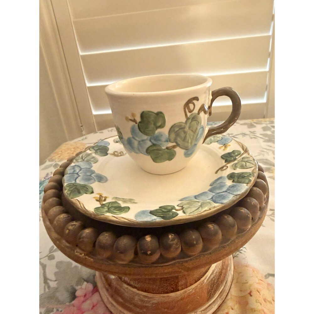 Metlox Poppytrail Grapes Decorated Ceramic Cup & Saucer Set White Blue Green